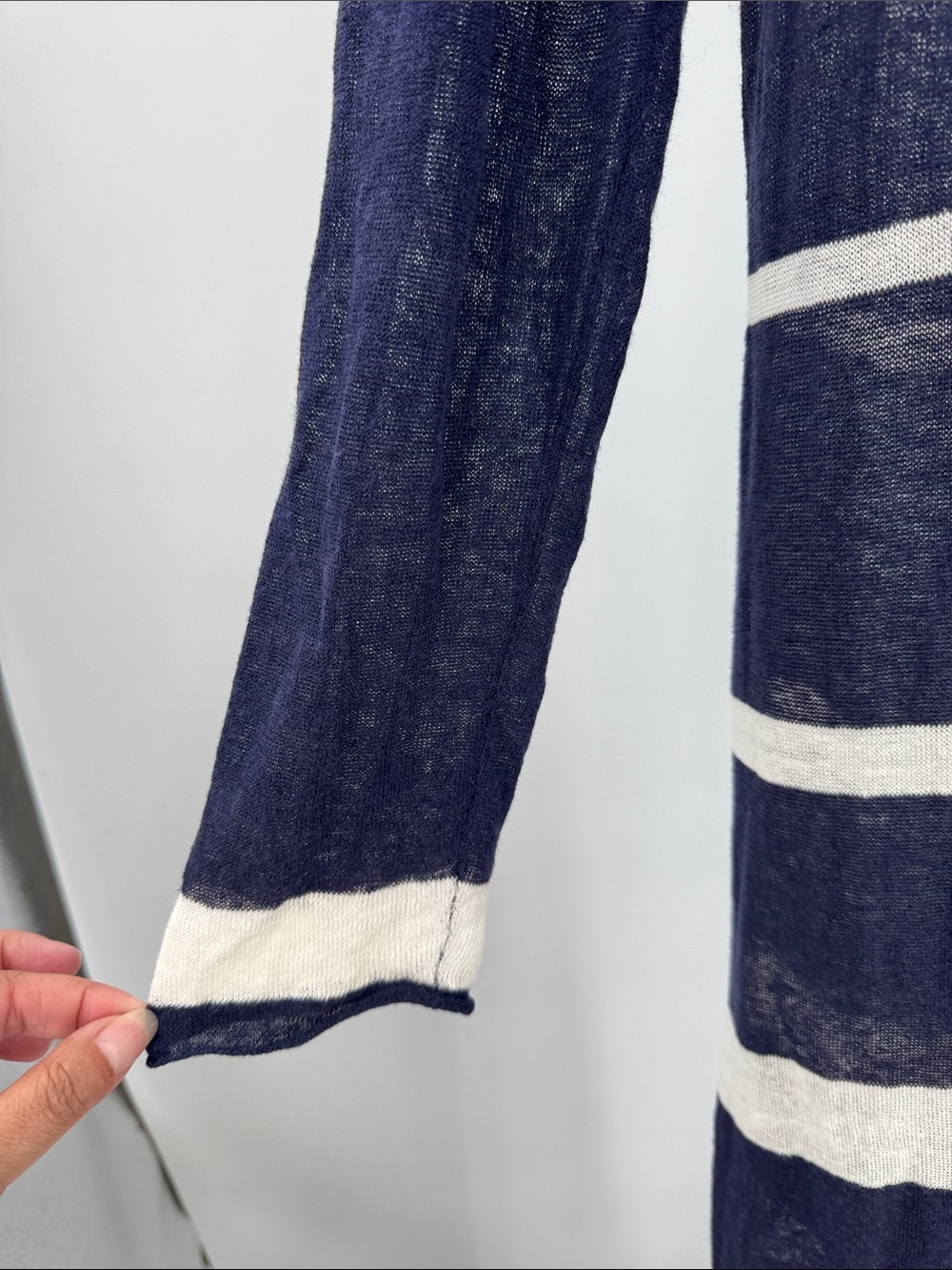 Chico's Navy White Striped Lightweight open front duster cardigan linen M stripe - Picture 6 of 10